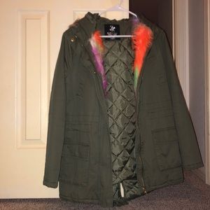Green Anorak Jacket with colorful fur